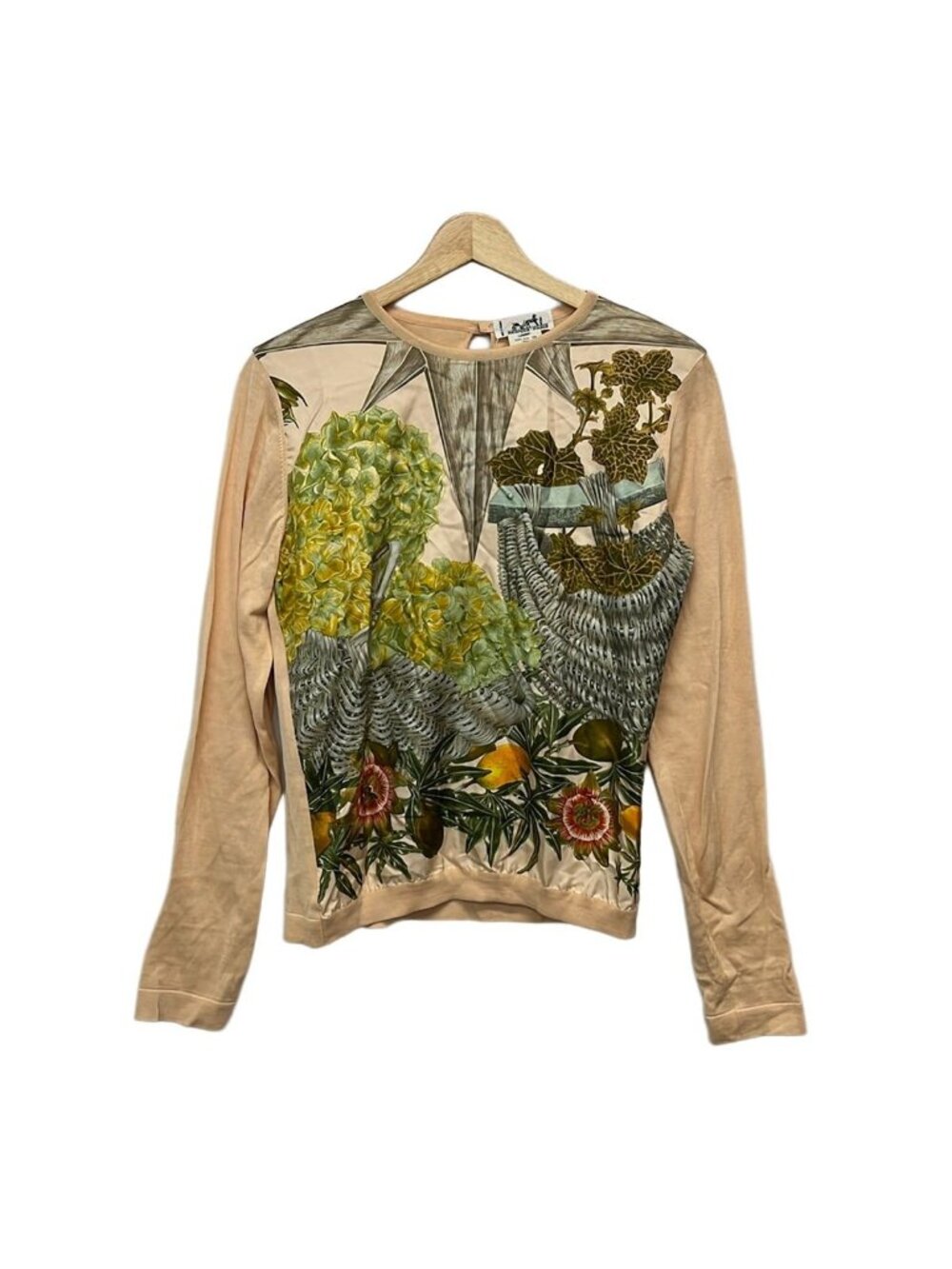 Hermes Long Sleeve Top M Light Pink Light Gray Multi Silk Mixed 38
